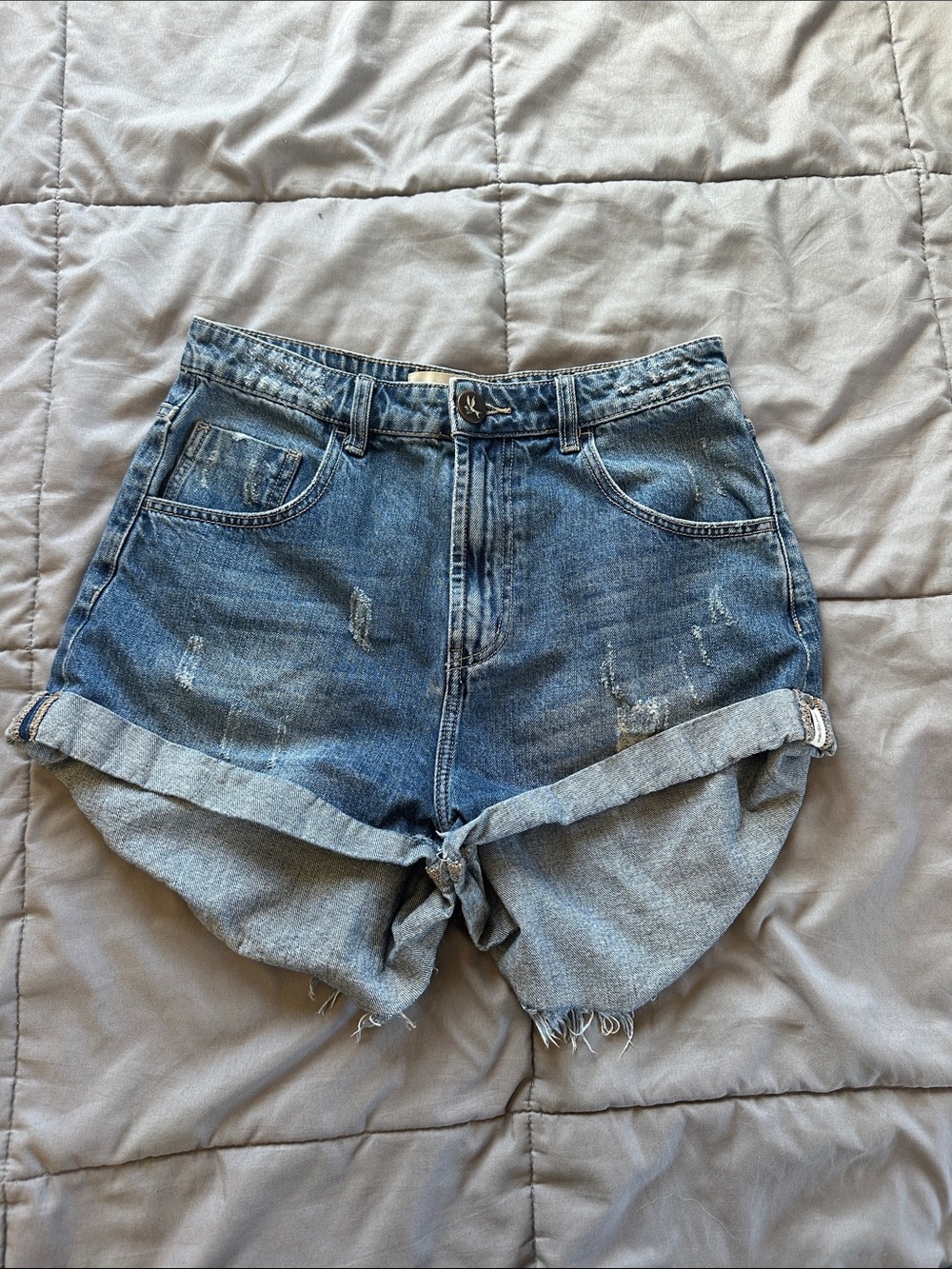 One Teaspoon Raw Hem Rolled Cuff Blue Denim Shorts